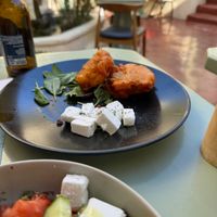 Tomatokeftedes with vegan feta  at Karma in Santorini