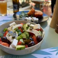 Greek salad with vegan Feta at Karma in Santorini