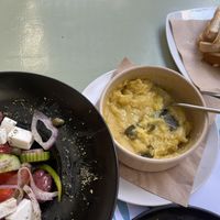 Greek salad wasn’t bad - fava beans were incredibly salty “homemade” bread was bland  at Karma in Santorini