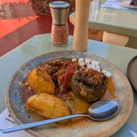 Gemista with potato and vegan feta at Karma in Santorini