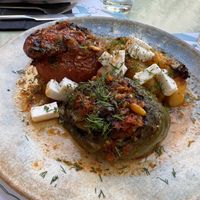 Gemista (stuffed bell pepper and tomato with vegan cheese!)  at Karma in Santorini