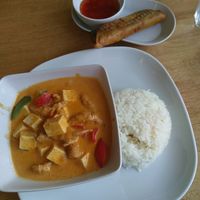 Panang curry and veggie spring roll at VG Wok in Helsinki