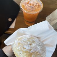 Thai iced tea and lemon filled donut   at Vegan Bistro in San Jose