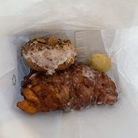 Apple fritter, cinnamon crunch donut and donut hole.  at Vegan Bistro in San Jose