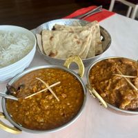 Mushroom masala and Tharka dal with plain roti to share. Very flavorful!  at Priya in Greymouth