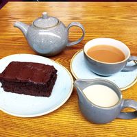Tea and chocolate cake at Fron Goch Garden Centre in Caernarfon