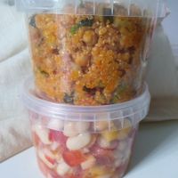 Sauteéd quinoa + chickpeas on top / white beans salad  at Sr. Matambre in Madrid