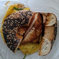 Yashi sandwich with marinated tofu and veggies, added vegan egg at Willow's Bagels in Burlington