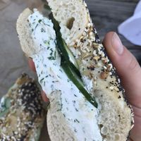 Everything bagel with vegan scallion chive cream cheese and cucumbers  at Willow's Bagels in Burlington