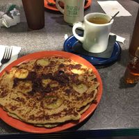 Vegan pancakes with chocolate chips and banana  at The Friendly Toast in Burlington