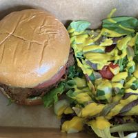 The Lion’s Main Unchick sandwich and side sakad in a “to go” box. Messy to eat but absolutely delicious!  at Beyond Vegan Cell Food in Portsmouth