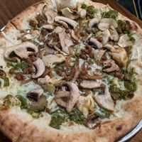 Vegan pesto with vegan sausage at Brigade Pizzeria in Montreal