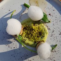 Mushroom (scallops) stem with pistachios mouche & avocado and pepper and coffee (amazing!) at Bonboon in Amsterdam