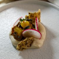 Starter: puffed yellow beetroot w/fermented quinoa cream at Bonboon in Amsterdam