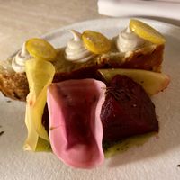 1st course with beets, focaccia, pesto and cashew cream. The pesto was really good and the focaccia as well. at Bonboon in Amsterdam