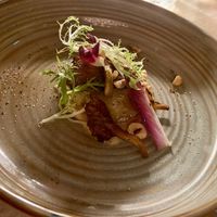 2nd course with aardpeer, fried oyster mushroom and salad. Tasty dish, especially the oyster mushrooms. at Bonboon in Amsterdam