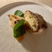 Pre-dessert: oliebol with stewed pear and soy labneh. Very good! Nice twist to a traditional Dutch delicacy. at Bonboon in Amsterdam