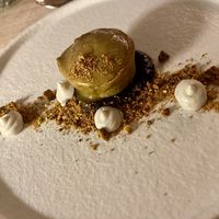 Dessert: pistachio and vanilla cake with forest fruit jelly and lavender cream. Quite good, but the lesser of the 5 courses at Bonboon in Amsterdam
