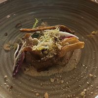 Koffie paddenstoelen crème met aardpeer, knapperige oesterzwam en hazelnoot  at Bonboon in Amsterdam