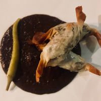 Delicious starter with black lentil and chocolate sauce at Bonboon in Amsterdam