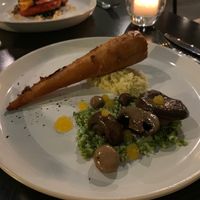 Pastinaak met shitake creme, confit van paddestoelen en mandarijngel at Bonboon in Amsterdam