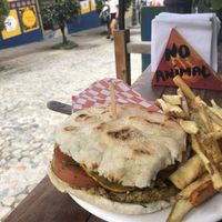 Falafel burger￼ at Namaste Vegan Food in Guatape
