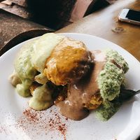 Croquettes... happy (and sad) to say they’re más rico than my own! Yay sauces! And so many of them too!  at Namaste Vegan Food in Guatape