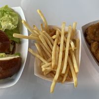 Chick’n sandwich, fries, and fried pickles.  at Veggy Street in Henderson