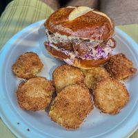 Signature Fried Chick’n sandwich and fried pickles    at Veggy Street in Henderson