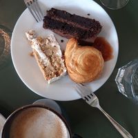 Pistachio and chocolate cake and a little croissant, weekend brunch at Banu Café in Helsinki