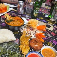 Bean curd massaman curry, bean curd satay skewers and corn fritters  at Thai Boran in Derby