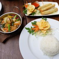 Vegetable spring rolls, tofu cashew nut stir fry and rice at Thai Boran in Derby