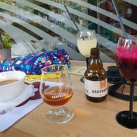 Eco beer + ginger juice + beetroot & lemon juice at Vegehop in Zagreb