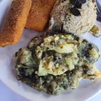 Traditional potato dish made with wakame seaweed instead of fish. at Vegehop in Zagreb