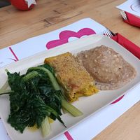 Daily menu main. Steamed veg, a savoury pancake and something in hazelnut sauce at Vegehop in Zagreb