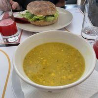 Corn soup (daily menu) and seitan burger   at Vegehop in Zagreb
