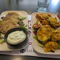 Seitan with garlic mayo, and vegetable tempura. Good combination at Vegehop in Zagreb