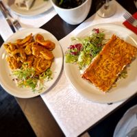 Vegetable Tempura - mushroom, red pepper, zuccini (left), Lasagne with vegan cheese (right) at Vegehop in Zagreb