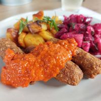 Daily offer with potatoes, Waldorf salad and buckwheat kebab.  at Vegehop in Zagreb