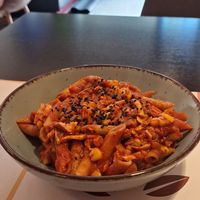 Whole grain pasta with smoked tofu at Vegehop in Zagreb