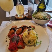 Quinoa croquettes with nori seaweed, potato salad with smoked tofu and arugula, paprika fillets stuffed with walnut and black olive pate andd a lil mixed salad with sprouts! ♡ at Vegehop in Zagreb