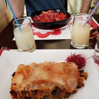 Moussaka, multivitamin salad and ginger lemon  drinks at Vegehop in Zagreb