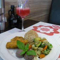 Gluten-free platter with salad
(brown rice with gomashio, tofu steaks marinated in tamari sauce, steamed vegetables, black olives and walnuts pate, mixed salad)
 at Vegehop in Zagreb