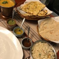 Dal fry, jeera rice, chapati, garlic naan at Simon's in Kampot