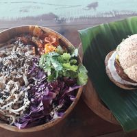 This plate of raw pad Thai is massive and the burger patty was an absolute beast!!!  at Cafe Bodhi in Hikkaduwa