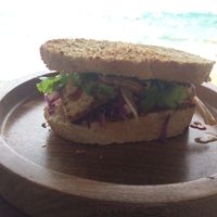 Their Bahn mi - tamari tofu sandwich with pickles and siracha mayo at Cafe Bodhi in Hikkaduwa