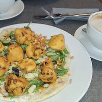 Cauliflower pakora flatbread & oatmilk latte at Simply Scottish in Jedburgh