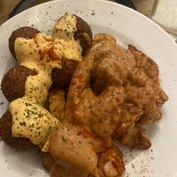 Fried pots w falafel and peanut tempeh   at PELGAG in Kyoto