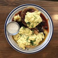 Huevos Divorciado with vegan eggs, Beyond meat, cashew crema. So delish. at Wooden Spoon in San Francisco