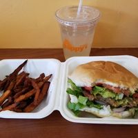 Guac and roll , sweet potatoe fries and fresh squeezed lemonade!! Delicious!! at Pappy's Juice Bar in Hawthorne